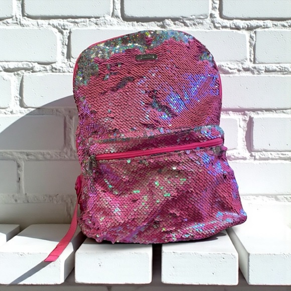Justice Girls Pink Iridescent Flip Sequin Mini Backpack Adjustable Straps Barbie - Picture 1 of 12